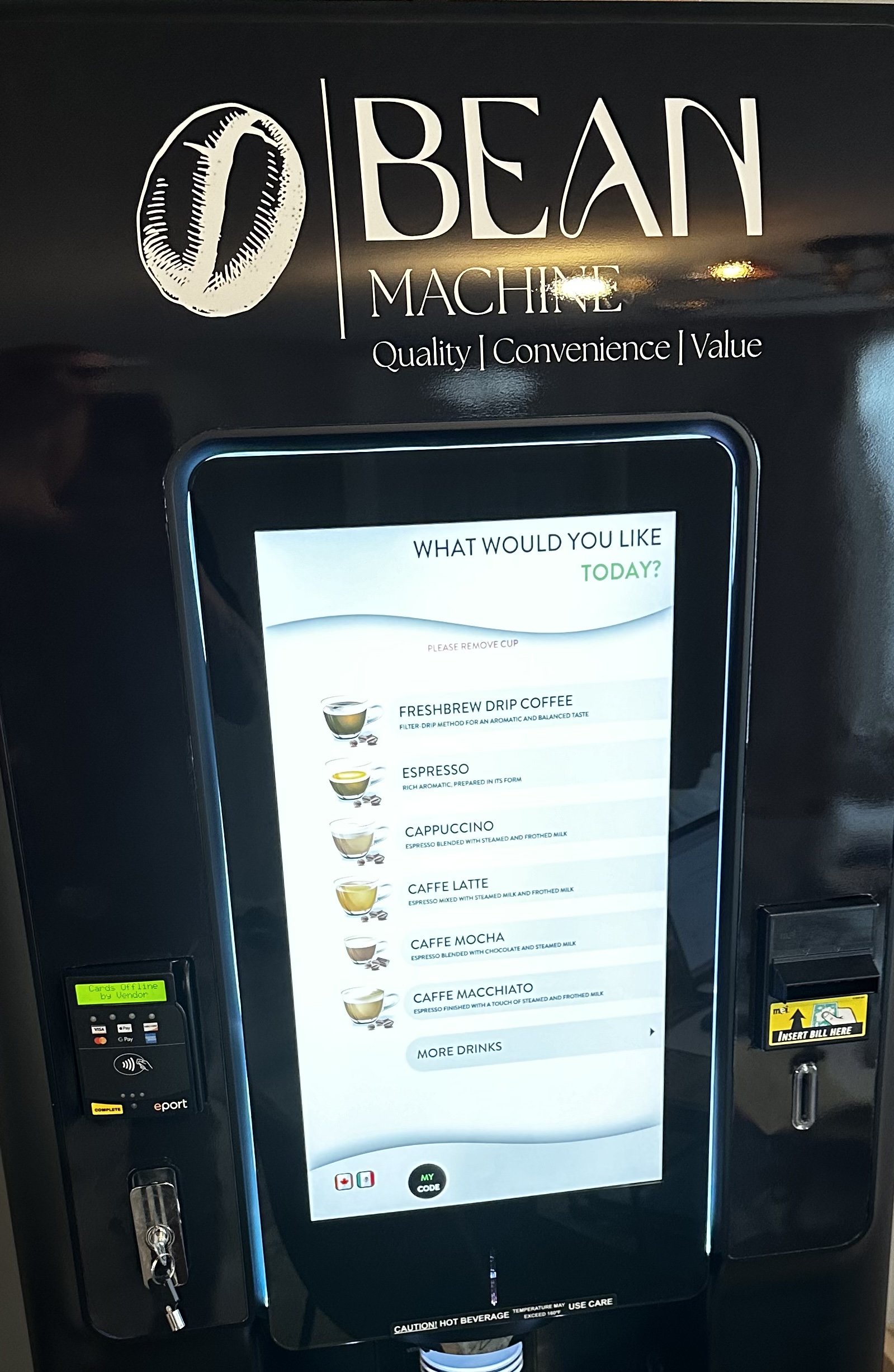 The Bean Machine touchscreen showing its drink menu